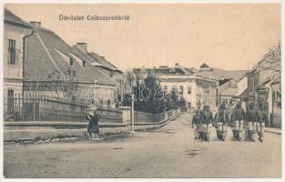 Csíkszereda, Miercurea Ciuc; utca, masírozó K.u.K. katonák. Szvoboda Miklós kiadása, Bíró József felvétele / street view with marching K.u.K. soldiers