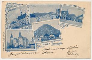 1903 Déva, Vármegyeháza, Piactér, Fő utca, üzletek, Vajdahunyad vára, Déva vára. Hirsch Adolf kiadása, szecessziós-virágos keret / county hall, market square, shops, castles in Hunedoara and Deva. Art Nouveau, floral frame (EK)