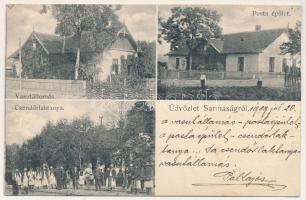1909 Sarmaság, Sarmasag; vasútállomás, posta, csendőrlaktanya. Domokos Irma kiadása / railway station, post office, K.u.K. gendarmerie barracks (EK)