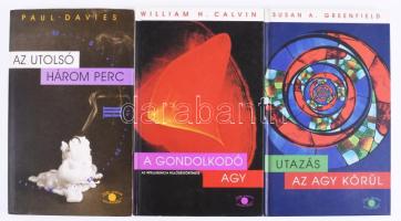 Vegyes tudományos könyvtétel, 4 db: Paul Davies: Az utolsó három perc. Felvetések a világegyetem végső sorsáról.; Paul Davies: Isten gondolatai. Egy racionális világ tudományos magyarázata.; Susan A. Greenfield: Utazás az agy körül.; William H. Calvin: A gondolkodó agy. Az intelligencia fejlődéstörténete. Bp., 1994-1998, Kulturtrade. Kiadói kartonált papírkötések.