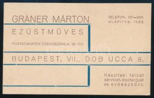 cca 1936 Bp. VII. Dob utca, Gráner Márton ezüstműves névjegykártyája