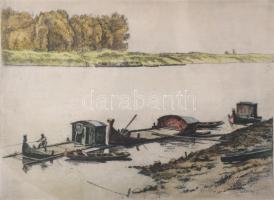 Zádor István (1882-1963): Halász, 1931. Színezett rézkarc, papír, jelzett. 24×33 cm. Üvegezett fakeretben.