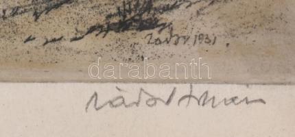 Zádor István (1882-1963): Halász, 1931. Színezett rézkarc, papír, jelzett. 24×33 cm. Üvegezett faker...