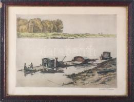 Zádor István (1882-1963): Halász, 1931. Színezett rézkarc, papír, jelzett. 24×33 cm. Üvegezett faker...