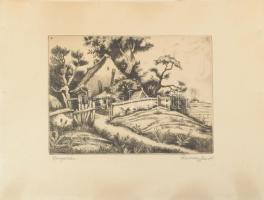Remsey Jenő (1885-1970): Tanyaházak. Rézkarc, papír. Jelzett. Kartonra kasírozva, lapszéli elszíneződéssel. 19,5x26.
