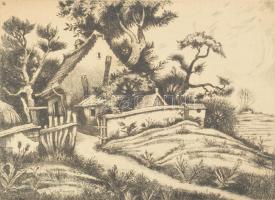 Remsey Jenő (1885-1970): Tanyaházak. Rézkarc, papír. Jelzett. Kartonra kasírozva, lapszéli elszínező...