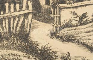 Remsey Jenő (1885-1970): Tanyaházak. Rézkarc, papír. Jelzett. Kartonra kasírozva, lapszéli elszínező...