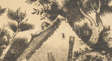 Remsey Jenő (1885-1970): Tanyaházak. Rézkarc, papír. Jelzett. Kartonra kasírozva, lapszéli elszínező...