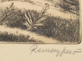 Remsey Jenő (1885-1970): Tanyaházak. Rézkarc, papír. Jelzett. Kartonra kasírozva, lapszéli elszínező...