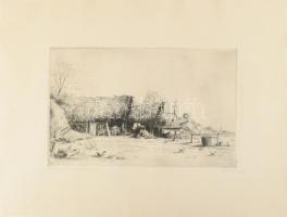 Boldizsár István (1897-1984): Hanyag szomszéd udvara. Rézkarc, papír, jelzett, lapszéli apró foltokkal, 19,5×30 cm