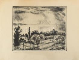 Iván Szilárd (1912-1988): Napsütés a Balatonon. Rézkarc, papír, jelzett, kartonra kasírozva. 24,5x29 cm