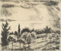 Iván Szilárd (1912-1988): Napsütés a Balatonon. Rézkarc, papír, jelzett, kartonra kasírozva. 24,5x29...
