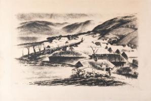 Kórusz József (1927-2010): Koratavasz. Rézkarc, papír, kartonra kasírozva, jelzett, lapszéli apró foltokkal, 30×50 cm