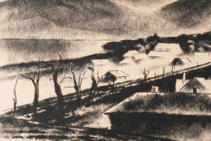 Kórusz József (1927-2010): Koratavasz. Rézkarc, papír, kartonra kasírozva, jelzett, lapszéli apró fo...