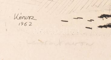 Kórusz József (1927-2010): Koratavasz. Rézkarc, papír, kartonra kasírozva, jelzett, lapszéli apró fo...