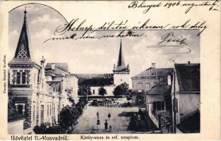 1906 Bánffyhunyad, Huedin; Király utca, Református templom, piac, Csoma Sándor üzlete és saját kiadása / street, Calvinist church, market, publisher's shop. Art Nouveau frame (EK)