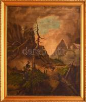 Demszky Ferdinánd (működött a XIX. sz. közepén, 1854-ben Kassán jogi diplomát szerzett): Vadászok Salzburg környékén, 1853. Olaj, vászon. Jelezve balra lent. Hátoldalán korabeli címkén német nyelven feliratozott. Sérült. Dekoratív fakeretben. 91,5x76,5. Gyűjtői ritkaság!