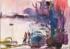 Gebhardt Béla (1901-1990): Kirándulók, 1948. Akvarell, papír, Jelzett. Paszpartuban, 21,5×30,5 cm