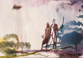 Gebhardt Béla (1901-1990): Kirándulók, 1948. Akvarell, papír, Jelzett. Paszpartuban, 21,5×30,5 cm