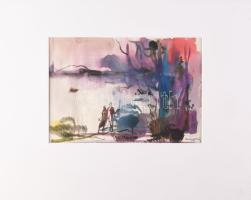 Gebhardt Béla (1901-1990): Kirándulók, 1948. Akvarell, papír, Jelzett. Paszpartuban, 21,5×30,5 cm