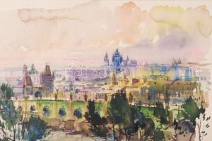 Gebhardt Béla (1901-1990): Prága, 1955. Akvarell, papír, Jelzett. Paszpartuban, 23×32 cm