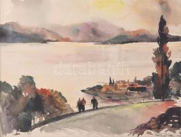 Gebhardt Béla (1901-1990): Tóparti hegylánc, 1943. Akvarell, papír, Jelzett. Paszpartuban, 24,5×31 cm