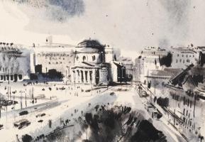 Gebhardt Béla (1901-1990): Varsó, 1955. Akvarell, papír, Jelzett. Paszpartuban, 29×21 cm