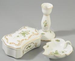 Hollóházi 3 részes asztali szett, bonbonier, gyertyatartó, levél alakú tálka, jelzett, hibátlan.