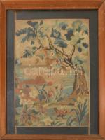 Üvegezett fa képkeret, benne vadászjelenetes gobleinnel, 49x36 cm