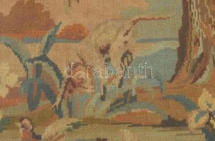 Üvegezett fa képkeret, benne vadászjelenetes gobleinnel, 49x36 cm