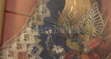 Antik nagyméretű apácamunka. Gazdag kidolgozású, sérült üveggel, sérült keretben, 90x70 cm /// KIZÁR...