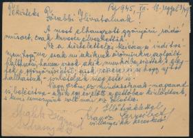 1945 Bp., A Főrabbi Hivatalnak címzett levelezőlap elhangzott rádióműsorral kapcsolatban