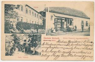 Olthévíz, Homoród-Hévíz, Hoghiz; Iskola, Mózes Ferenc vegyeskereskedése, üzlet, park, Valenta. Josef Briegel felvétele / school, shop, park (fl)