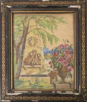 Régi képkeret, sérült, benne gobelin, 43x38 cm