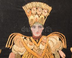 Régi fa képkeret, laza, benne hímzés, 53x46 cm