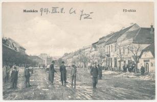 1907 Munkács, Mukacheve, Mukachevo, Mukacevo; Fő utca télen, üzletek, zsinagóga. A levél Cholnoky Jenő (1870-1950) földrajztudós, feleségének címezve. Bertsik Emil kiadása / main street in winter, shops, synagogue (EK)