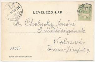 1907 Munkács, Mukacheve, Mukachevo, Mukacevo; Fő utca télen, üzletek, zsinagóga. A levél Cholnoky Je...