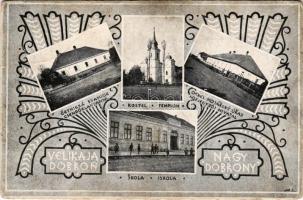 1934 Nagydobrony, Velika Dobrony; Cetnická Stanice, Kostel, Cokres Notársky Úrad, Skola / csendőrlaktanya, templom, körjegyzői hivatal, iskola / military barracks, church, notary, school. Art Nouveau (Rb)