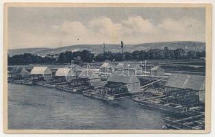 Galgóc, Frasták, Hlohovec; Hajómalom csoport a Vágon. Josef Kytka / Váh river with floating ship mills (boat mills) (gyűrődés / crease)