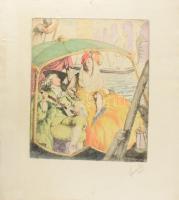 Olvashatatlan jelzéssel: Szerelmes dal Velencében. Színezett rézkarc, papír, jelzett. Lapszéli apró szakadássa és apró foltokkal. 39×31 cm