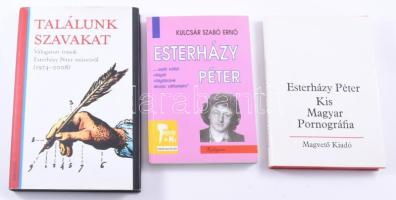 3 db könyv: Esterházy Péter: Kis Magyar Pornográfia. Bp., 1984, Magvető. Első kiadás. Kiadói egészvászon-kötés, kiadói papír védőborítóban. + Kulcsár Szabó Ernő: Esterházy Péter. Pozsony, 1996, Kalligram. Kiadói papírkötés, foltos lapélekkel. + Találunk szavakat. Válogatott írások Esterházy Péter műveiről (1974-2008). Bp., 2010, Magvető. Kiadói egészvászon-kötés, kiadói papír védőborítóban.