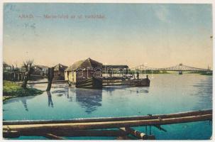 1918 Arad, Maros folyó az új vashíddal, hajómalom. Vasúti levelezőlapárusítás 2010. 1917. / Mures riverside with new iron bridge and floating ship mill (boat mill) (Rb)