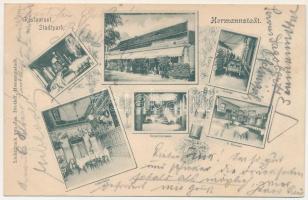 1901 Nagyszeben, Hermannstadt, Sibiu; Restaurant Stadtpark, Kleiner Speisesaal, Frühstückzimmer, Jagdzimmer, Veranda, Gr. Speisesaal / étterem, belsők, vadászszoba, reggeliző, étkezők. Jos. Drotleff kiadása, szecessziós-virágos keret / restaurant interiors. Art Nouveau, floral frame (EK)