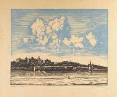 Arató Gyula (1898-1969): Budapesti látkép, linómetszet, papír, jelzett, lapszéli szakadással, 42x52cm