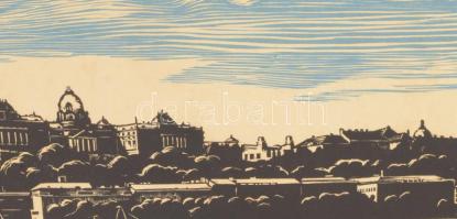 Arató Gyula (1898-1969): Budapesti látkép, linómetszet, papír, jelzett, lapszéli szakadással, 42x52c...