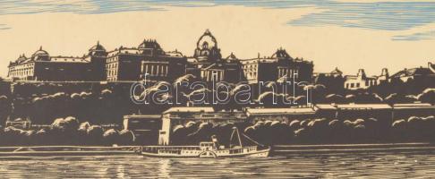 Arató Gyula (1898-1969): Budapesti látkép, linómetszet, papír, jelzett, lapszéli szakadással, 42x52c...