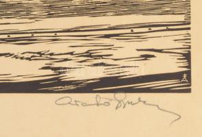 Arató Gyula (1898-1969): Budapesti látkép, linómetszet, papír, jelzett, lapszéli szakadással, 42x52c...