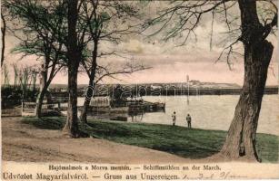 1907 Magyarfalu, Magyarfalva, Ungeraiden, Ungereigen, Uhorská Ves u Moravy, Záhorská Ves; Hajómalmok a Morva mentén / Schiffsmühlen an der March / boat mills, floating ship mills (fl)
