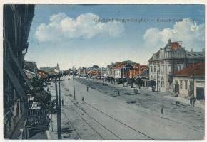 1918 Nagymihály, Michalovce; Kossuth Lajos utca, üzletek. Strömpl Jenő és István kiadása, hátoldalon Strömpl levele / street view, shops (felületi sérülés / surface damage)