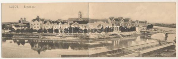 Lugos, Lugoj; Temes sor, híd. 2-részes kihajtható panorámalap, Gutenberg nyomda kiadása / Timis riverside, bridge. 2-tiled folding panoramacard